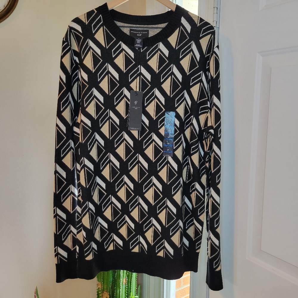 NWT Shaquille O'neal Chevron‎ Printed Heavy Black/Cream Sweater, Size L Tall